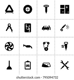 Repair icons. vector collection filled repair icons. includes symbols such as tire, alloy wheel, timing belt, pliers, robot transmission. use for web, mobile and ui design.
