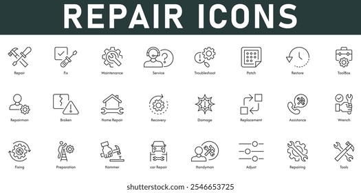 reparação Icons ilustração vetorial com linha fina editável traço contendo conserto serviço de manutenção solucionar problemas restaurar danos ferramentas patch caixa de ferramentas reposição conserto assistência de recuperação