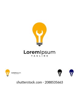 diseño del logotipo de la idea de reparación. bombilla de luz con plantilla de icono del logotipo en llave
