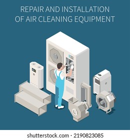 Repair and installation of air cleaning and conditioning equipment isometric composition with male maintenance worker on color background 3d vector illustration