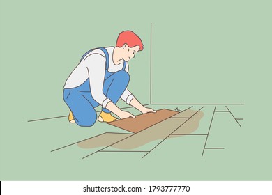Repair, installation, carpentry, work, job concept. Young guy worker handyman carpenter cartoon character installing laminate flooring in room. House renovation or professional occupation illustration