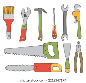 Repair instruments colorful doodle illustrations set in vector. Repair equipments colorful icons collection. Construction equipments illustration set.