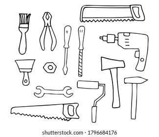 Repair instruments doodle icons set in vector. Hand drawn repair equipments icons collection. Collection of doodle construction equipments.