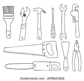 Repair instruments doodle icons set in vector. Hand drawn repair equipments icons collection. Collection of doodle construction equipments.