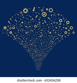 Repair Instruments salute stream. Vector illustration style is flat yellow iconic symbols on a blue background. Object stream fountain done from random pictographs.