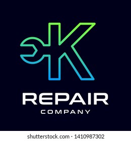 Repair K letter vector logo template. This font use wrench symbol. Suitable for technology, mechanic, or automotive business.
