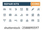 Repair Kits icons set. Contains linear outline icons like work, screw, build, saw, paint and more. Thin linear style icons. Solid line editable vector illustration.