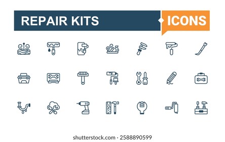 Repair Kits icons set. Contains linear outline icons like work, screw, build, saw, paint and more. Thin linear style icons. Solid line editable vector illustration.