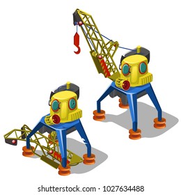 Repair and launch of broken lifting crane isolated on white background. Vector cartoon close-up illustration.