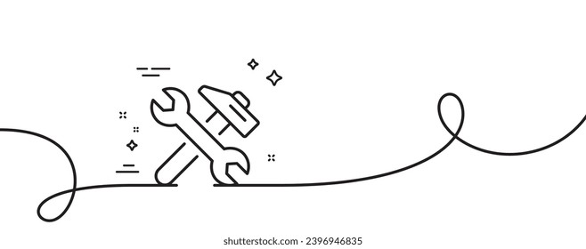 Repair line icon. Continuous one line with curl. Fix service sign. Wrench and hammer tool symbol. Repair single outline ribbon. Loop curve pattern. Vector