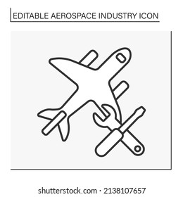  Repair line icon. Fix problems on plane wings. Examination of rockets. Aerospace industry concept. Isolated vector illustration. Editable stroke