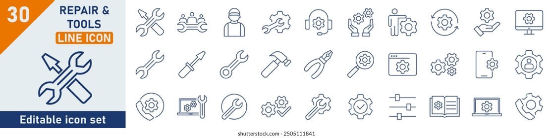Repair line icon set. Set of 30 outline icons related to repair, tools, repairman, troubleshooting equipment and electronics. Repair outline icons collection. Editable stroke. Vector illustration.