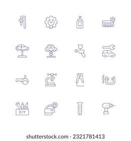 Repair line icon set. Editable stroke. Thin line icon. Containing adjustable wrench, admin, aerosol, air conditioner, car lift, car lifter, car painting, car repair, circular saw, clamp, diy, door.