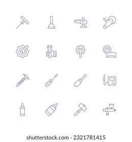 Repair line icon set. Editable stroke. Thin line icon. Containing plugger, plunger, polisher, repair, screw, screwdriver, welding machine, silicone, sledgehammer, spray paint gun.