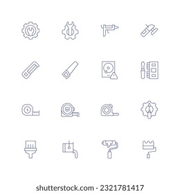 Reparieren Sie das Symbol der Linie. Bearbeitbarer Strich. Dünne Linie Symbol. Ausrüstung, Leimpistole, Schleifmaschine, Handsäge, Festplatte, Hardware, Messband, Mechanismus, Malbürste, Farbeimer, Farbwalze.