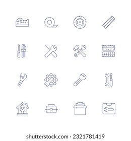 Repair line icon set. Editable stroke. Thin line icon. Containing tape, tire, tools, treat, wrench, tool, toolbox.