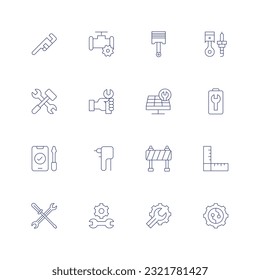 Conjunto de iconos de la línea de reparación. Trazo editable. Icono de línea delgada. Con llave de tubo, tubería, pistón, renovación, reparación, remachador, barricada, regla, destornillador, ajuste, configuración.