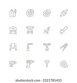 Repair line icon set. Editable stroke. Thin line icon. Containing battery, brake, brush, car service, car wash, caulk gun, chainsaw, concrete mixer, crane, crimpers, drill, driller, drilling.