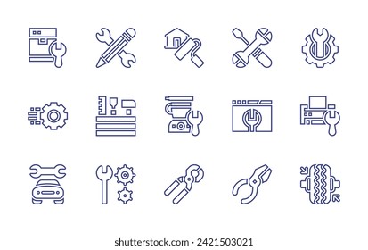 Repair line icon set. Editable stroke. Vector illustration. Containing renovation, dishwasher, work in progress, kitchen robot, settings, printer, pincers, repair, wheel, repair tools, toolkit.