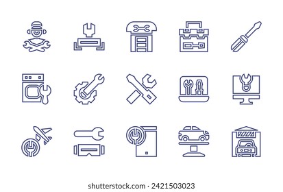 Repair line icon set. Editable stroke. Vector illustration. Containing technician, screwdriver, repairing, car, dryer, fix, tools, plane, repair shop, tablet, repair, toolbox, labor day, laptop.