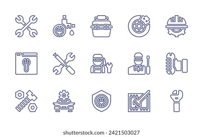 Repair line icon set. Editable stroke. Vector illustration. Containing wrench, duct, brake, tools, mechanic, car repair, repair, shield, bolt, toolbox, wrenches, helmet, technician, maintenance.