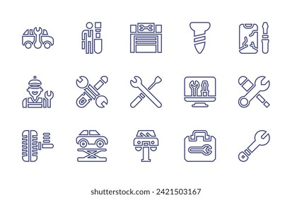 Conjunto de iconos de la línea de reparación. Trazo editable. Ilustración vectorial. Con caja de reparación, elevación de coche, taller, reparación de coche, smartphone roto, bajo mantenimiento, mecánico, herramientas, suspensión, llave, tornillo.