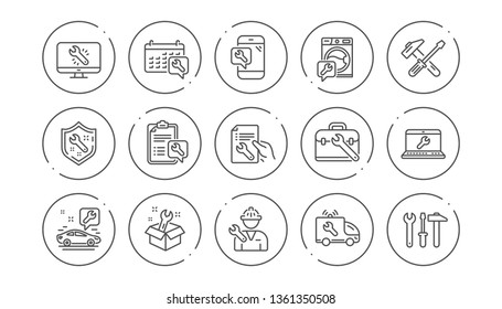 Repair line icons. Hammer, Screwdriver and Spanner tool. Washing machine repair linear icon set. Line buttons with icon. Editable stroke. Vector