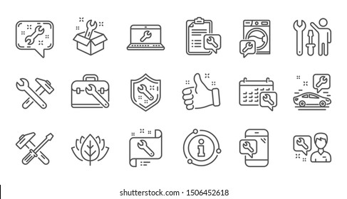 Repair line icons. Hammer, Screwdriver and Spanner tool. Washing machine repair linear icon set. Quality line set. Vector