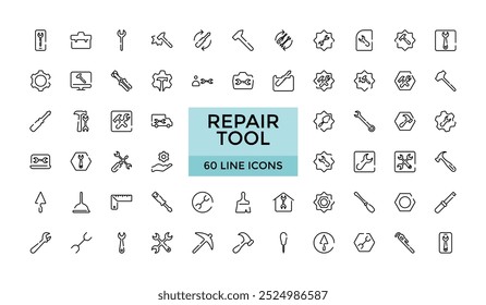 Repair Line Icons set. tools, repairman, troubleshooting equipment and electronics and more. Outline Vector illustration, Pixel perfect.