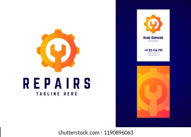 Repair logo and business card template. Gear sign with wrench in modern gradient style. Vector logotype for pint or web.