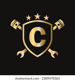 Repair Logo On Letter C Vector Template. Automotive Mechanic Symbol