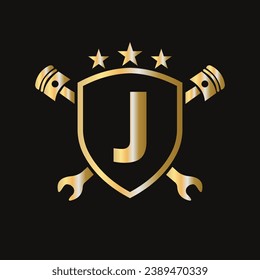 Repair Logo On Letter J Vector Template. Automotive Mechanic Symbol