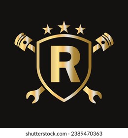 Repair Logo On Letter R Vector Template. Automotive Mechanic Symbol