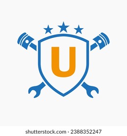 Repair Logo On Letter U Vector Template. Automotive Mechanic Symbol