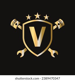 Repair Logo On Letter V Vector Template. Automotive Mechanic Symbol