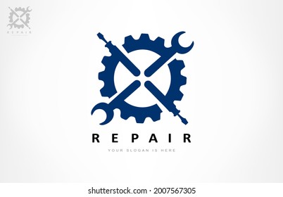 Repair logo vector. Wrench and screwdriver in gear logo vector.