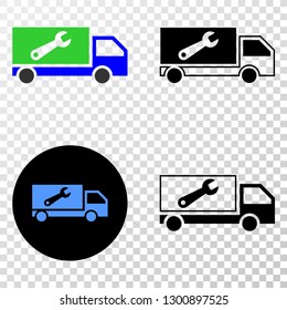 Repair lorry EPS vector pictogram with contour, black and colored versions. Illustration style is flat iconic symbol on chess transparent background.