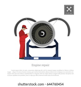 Repair And Maintenance Of Aircraft. Engineer Inspects The Engine Of The Airplane. Industrial Drawing In A Flat Style. Vector Illustration