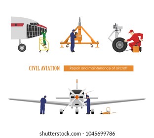 Repair And Maintenance Of Aircraft. Engineers Repairing Airplane. Industrial Drawing. Plane Hangar. Vector Illustration