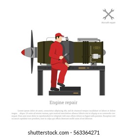 Repair and maintenance of aircraft. The mechanic repairing jet engine of airplane. Vector illustration.
