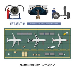 Repair and maintenance of aircraft. Service of airplane. Industrial drawing in a flat style. Vector illustration