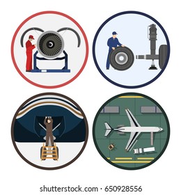 Repair and maintenance of aircraft. Service of airplane. Industrial drawing in a flat style. Vector illustration