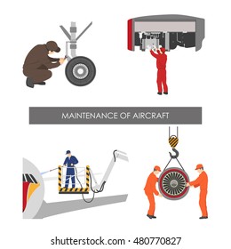 Repair and maintenance of aircraft . Set of aircraft parts in flat style on white background. Vector illustration