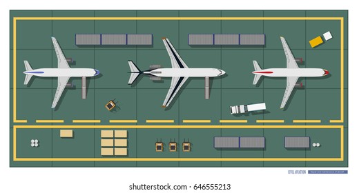 Repair and maintenance of aircraft. Top view of workshop. Industrial drawing in a flat style. Vector illustration