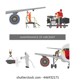 Repair and maintenance aircraft. Workers in overalls repair planes. Vector illustration