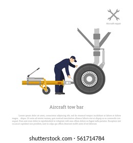 Repair and maintenance of airplane. Mechanical locks the tow bar to the aircraft. Vector illustration