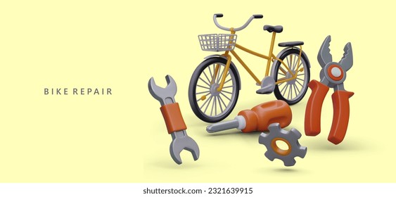 Repair and maintenance of bicycles. 3D bike, pliers, screwdriver, wrench, gear. Advertisement of cycle repair services. Horizontal poster on yellow background