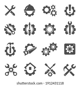 Repair, maintenance bold black silhouette icons set isolated on white. Renovations, home improvements pictograms, logo. Gears, hammer, hardhat, screwdriver, wrench vector element for infographic, web.