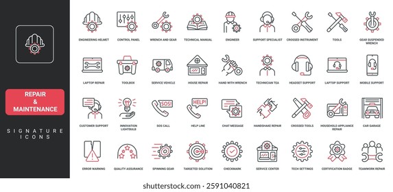 Repair and maintenance center, customer support service, call to technician, solutions line icon set. Gear and screwdriver, spanner from workers toolbox, thin black and red symbols vector illustration