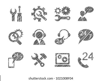 Repair and maintenance of computers and home appliances. One-color badges. Hatching with a gray pencil on a white field. Imitation. Vector clip art. 